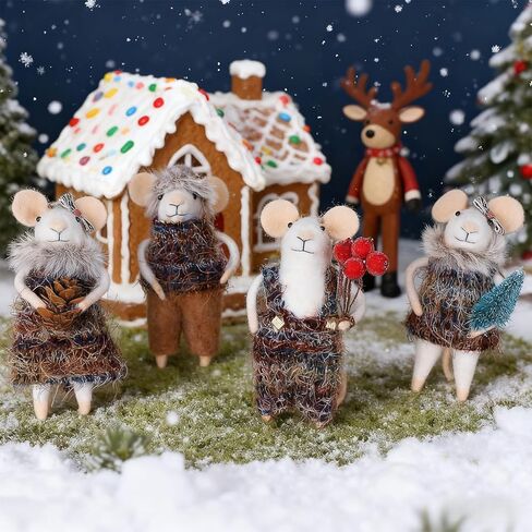Set of 4 Christmas Felt Mice Ornaments, 5" Mini Hanging Wool Tourist Mouse Figurines, Tiered Tray Tabletop Decor, Animal Crafts Cute Xmas Tree Festival Holiday Easter Gifts Home Office Party Supply in Saudi Arabia