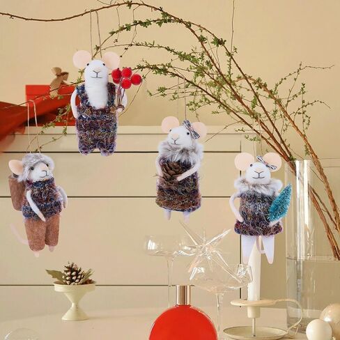 Set of 4 Christmas Felt Mice Ornaments, 5" Mini Hanging Wool Tourist Mouse Figurines, Tiered Tray Tabletop Decor, Animal Crafts Cute Xmas Tree Festival Holiday Easter Gifts Home Office Party Supply in Saudi Arabia