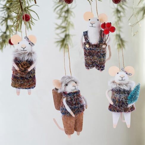 Set of 4 Christmas Felt Mice Ornaments, 5" Mini Hanging Wool Tourist Mouse Figurines, Tiered Tray Tabletop Decor, Animal Crafts Cute Xmas Tree Festival Holiday Easter Gifts Home Office Party Supply in Saudi Arabia