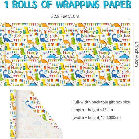 VJIAHOA Happy Birthday Dinosaur Wrapping Paper Roll, 17 Inch X 32.8 Feet 1 Roll, Cute Wrapping Paper, Dinosaur Party Favor, Baby Showers, Happy Bday Wrap, Christmas Wrapping Paper Design , Wrapping Paper Rolls Gift Wrap Paper Parties in Saudi Arabia