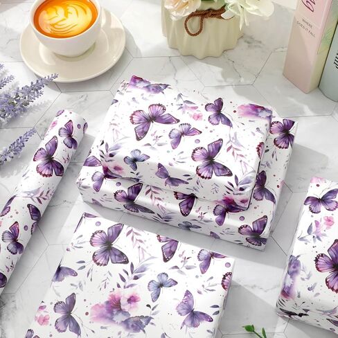 FYSUIMU Spring Wrapping Paper -Mini Roll- 17In x 32.8Ft Watercolor Purple Butterfly Gift Wrap Paper Lavender Craft Paper for Birthday Party Packing Supplies in Saudi Arabia