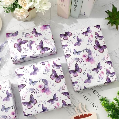 FYSUIMU Spring Wrapping Paper -Mini Roll- 17In x 32.8Ft Watercolor Purple Butterfly Gift Wrap Paper Lavender Craft Paper for Birthday Party Packing Supplies in Saudi Arabia