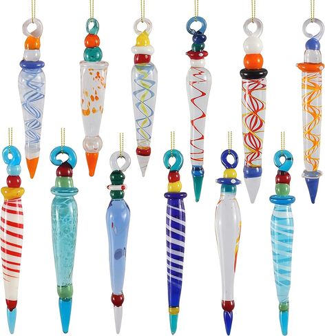 12Pcs Colorful Icicle Glass Ornaments, Christmas Glass Ornaments for Christmas Tree Decorations 3.5-3.7" Long Glass Ornaments in 12 Different Designs in Saudi Arabia