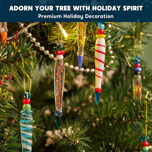 12Pcs Colorful Icicle Glass Ornaments, Christmas Glass Ornaments for Christmas Tree Decorations 3.5-3.7" Long Glass Ornaments in 12 Different Designs in Saudi Arabia