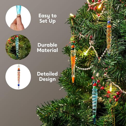12Pcs Colorful Icicle Glass Ornaments, Christmas Glass Ornaments for Christmas Tree Decorations 3.5-3.7" Long Glass Ornaments in 12 Different Designs in Saudi Arabia