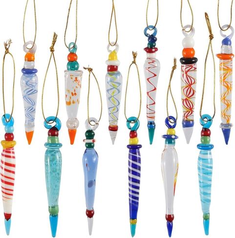12Pcs Colorful Icicle Glass Ornaments, Christmas Glass Ornaments for Christmas Tree Decorations 3.5-3.7" Long Glass Ornaments in 12 Different Designs in Saudi Arabia
