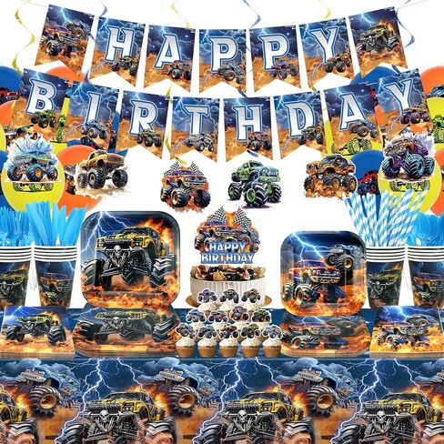 ديكورات حفلات أعياد الميلاد من Monster Truck - لوازم حفلات Monster Truck بما في ذلك اللافتة والطبق وغطاء الكعكة والكوب والمناديل والبالون ومفرش المائدة - تكفي 20 شخصًا in Saudi Arabia
