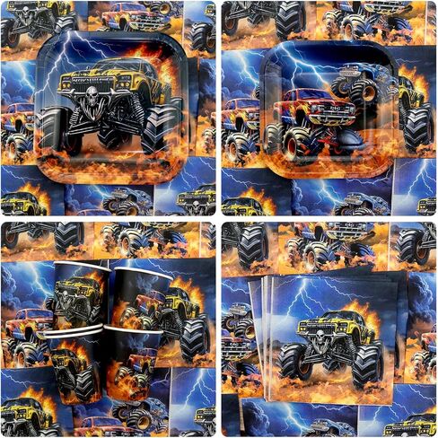 ديكورات حفلات أعياد الميلاد من Monster Truck - لوازم حفلات Monster Truck بما في ذلك اللافتة والطبق وغطاء الكعكة والكوب والمناديل والبالون ومفرش المائدة - تكفي 20 شخصًا in Saudi Arabia