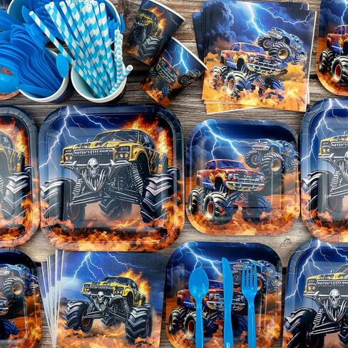 ديكورات حفلات أعياد الميلاد من Monster Truck - لوازم حفلات Monster Truck بما في ذلك اللافتة والطبق وغطاء الكعكة والكوب والمناديل والبالون ومفرش المائدة - تكفي 20 شخصًا in Saudi Arabia