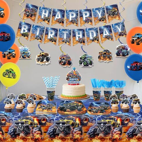 ديكورات حفلات أعياد الميلاد من Monster Truck - لوازم حفلات Monster Truck بما في ذلك اللافتة والطبق وغطاء الكعكة والكوب والمناديل والبالون ومفرش المائدة - تكفي 20 شخصًا in Saudi Arabia