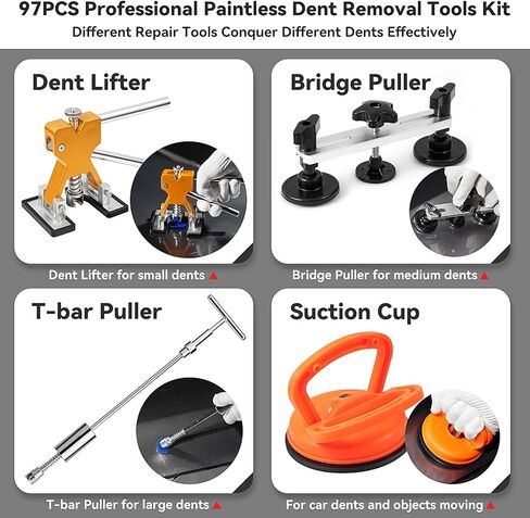 طقم أدوات سحب دنت 129 قطعة، طقم إصلاح دنتات بدون طلاء لإزالة الدنتات، طقم إزالة دنت بدون طلاء مع قضيب على شكل حرف T، ساحب جسر، رافع ذهبي، طقم ساحب دنت السيارة لباب الثلاجة الناتج عن تلف البرد in Kuwait