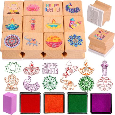 HOWAF 12pcs Diwali Crafts Wooden Stamps, Mandala Elephant Wooden Stamps Festival of Lights Card DIY Painting Scrapbooking Happy Diwali Craft Gifts Activities Party Bag Fillers in Saudi Arabia