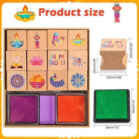 HOWAF 12pcs Diwali Crafts Wooden Stamps, Mandala Elephant Wooden Stamps Festival of Lights Card DIY Painting Scrapbooking Happy Diwali Craft Gifts Activities Party Bag Fillers in Saudi Arabia