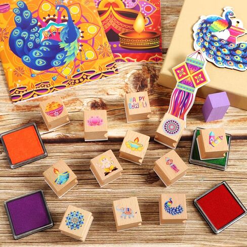 HOWAF 12pcs Diwali Crafts Wooden Stamps, Mandala Elephant Wooden Stamps Festival of Lights Card DIY Painting Scrapbooking Happy Diwali Craft Gifts Activities Party Bag Fillers in Saudi Arabia