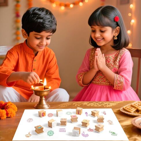 HOWAF 12pcs Diwali Crafts Wooden Stamps, Mandala Elephant Wooden Stamps Festival of Lights Card DIY Painting Scrapbooking Happy Diwali Craft Gifts Activities Party Bag Fillers in Saudi Arabia