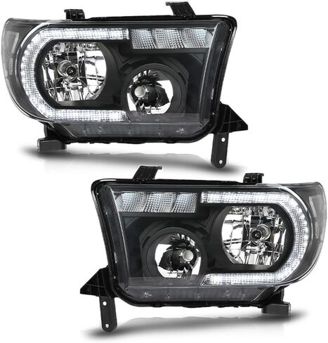 مجموعة المصابيح الأمامية PIT66 LED متوافقة مع 2007-2013 Toyota Tundra /2008-2017 Toyota Sequoia للسائق والراكب، مجموعة المصابيح الأمامية الجانبية، عدسات شفافة، غلاف أسود، عاكس شفاف in Saudi Arabia