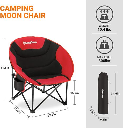 KingCamp Foldable Saucer Moon Lounge Chair with Cupholder Storage Pocket for Indoor Home or Outdoor Camping and Tailgating Use, Black/Red in Kuwait