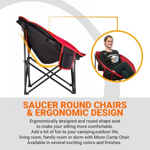 KingCamp Foldable Saucer Moon Lounge Chair with Cupholder Storage Pocket for Indoor Home or Outdoor Camping and Tailgating Use, Black/Red in Kuwait