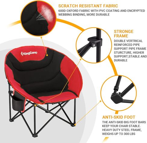 KingCamp Foldable Saucer Moon Lounge Chair with Cupholder Storage Pocket for Indoor Home or Outdoor Camping and Tailgating Use, Black/Red in Kuwait