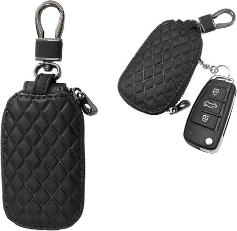 Car Key Case, Genuine Leather Auto Key Smart Keychain Holder, Anti-Scratch Key Fob Protector Cover with Metal Hook (Black) in Saudi Arabia