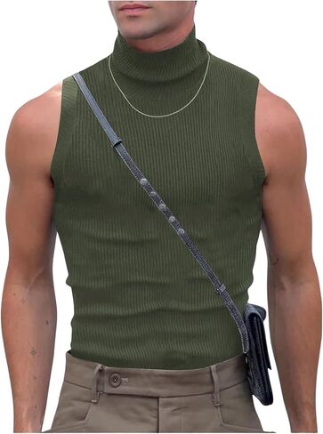 Men's High Neck Tank Top Sleeveless Ribbed Knit Slim Fit Tank Vest Casual Basic Tee Tops in Kuwait