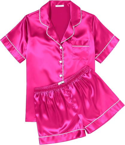 Ekouaer Womens Silk Satin Pajama Sets Soft Short Sleeve Button Down Sleepwear Top and Shorts 2 Piece Pjs Lounge Set S-XXL in Saudi Arabia