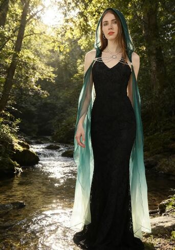 DAZCOS Women's Chiffon Fairy Hooded Cape Elf Sheer Cloak Tulle Bridal Off Shoudler Capelet in Kuwait