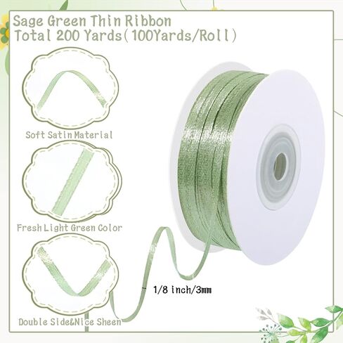 Generic 200 Yards 8 Inch Sage Green Ribbon, Double Faced Satin Polyester Fabric, Ideal for Weddings, Gift Wrapping, Holidays in Saudi Arabia
