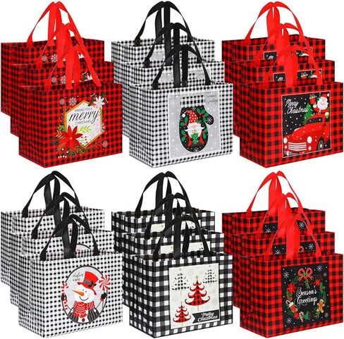 Sanwuta 48 Pcs Christmas Bags Bulk for Gifts 12.8 x 9.8 x 6.7 in Large Buffalo Plaid Tote Treat Grocery Bags Reusable Non Woven Red White Black Gift with Handles for Xmas Wrapping Shopping Party in Saudi Arabia