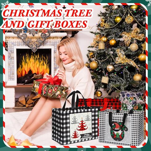 Sanwuta 48 Pcs Christmas Bags Bulk for Gifts 12.8 x 9.8 x 6.7 in Large Buffalo Plaid Tote Treat Grocery Bags Reusable Non Woven Red White Black Gift with Handles for Xmas Wrapping Shopping Party in Saudi Arabia