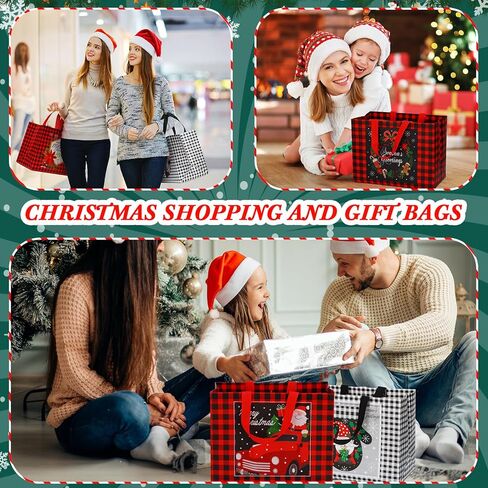 Sanwuta 48 Pcs Christmas Bags Bulk for Gifts 12.8 x 9.8 x 6.7 in Large Buffalo Plaid Tote Treat Grocery Bags Reusable Non Woven Red White Black Gift with Handles for Xmas Wrapping Shopping Party in Saudi Arabia