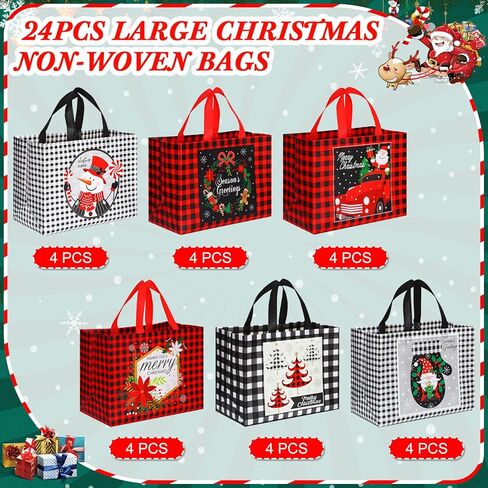 Sanwuta 48 Pcs Christmas Bags Bulk for Gifts 12.8 x 9.8 x 6.7 in Large Buffalo Plaid Tote Treat Grocery Bags Reusable Non Woven Red White Black Gift with Handles for Xmas Wrapping Shopping Party in Saudi Arabia