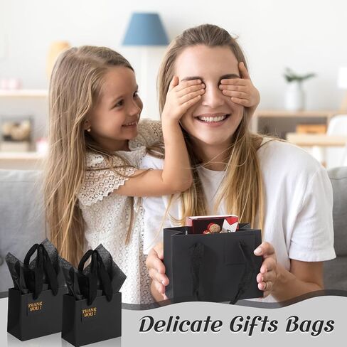 Qilery 50 Pcs Christmas Mini Paper Gift Bags Bulk with Tissue Paper Small Gift Bags with Handle and Tags for Birthday Wedding Thanksgiving Christmas Party Business(Brown,4.7 x 2.4 x 3.9'') in Saudi Arabia