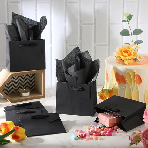 Qilery 50 Pcs Christmas Mini Paper Gift Bags Bulk with Tissue Paper Small Gift Bags with Handle and Tags for Birthday Wedding Thanksgiving Christmas Party Business(Brown,4.7 x 2.4 x 3.9'') in Saudi Arabia