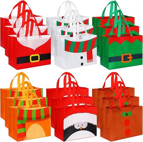 Sanwuta 48 Pcs Christmas Bags Bulk for Gifts 12.8 x 9.8 x 6.7 in Large Tote Treat Grocery Bags with Handles Santa Claus Belt Reusable Non Woven Pocket for Xmas Holiday Wrapping Shopping Party in Saudi Arabia