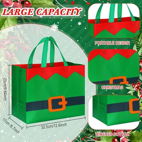 Sanwuta 48 Pcs Christmas Bags Bulk for Gifts 12.8 x 9.8 x 6.7 in Large Tote Treat Grocery Bags with Handles Santa Claus Belt Reusable Non Woven Pocket for Xmas Holiday Wrapping Shopping Party in Saudi Arabia