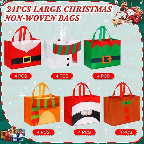 Sanwuta 48 Pcs Christmas Bags Bulk for Gifts 12.8 x 9.8 x 6.7 in Large Tote Treat Grocery Bags with Handles Santa Claus Belt Reusable Non Woven Pocket for Xmas Holiday Wrapping Shopping Party in Saudi Arabia