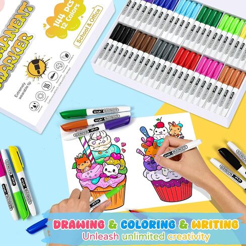SFAIH 144 Pack Permanent Markers Bulk - Classroom Set, 12 Vibrant Colors, Works on Paper, Clothes, Plastic, Fabric, Wood, Student Art Supplies, Drawing, Coloring, Non-Toxic, Classroom Group Supplies in Saudi Arabia