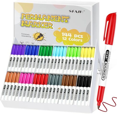 SFAIH 144 Pack Permanent Markers Bulk - Classroom Set, 12 Vibrant Colors, Works on Paper, Clothes, Plastic, Fabric, Wood, Student Art Supplies, Drawing, Coloring, Non-Toxic, Classroom Group Supplies in Saudi Arabia