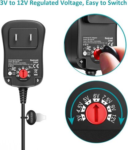 Basicvolt 12W مصدر طاقة عالمي 12V 9V 7.5V 6V 5V 4.5V 3V 1A AC إلى DC محول لشريط LED جهاز التوجيه مكبر الصوت CCTV كاميرا الكمبيوتر اللوحي راديو 3 إلى 12 فولت 1000 مللي أمبير تحويل التيار الكهربائي مع 8 نصائح in Kuwait