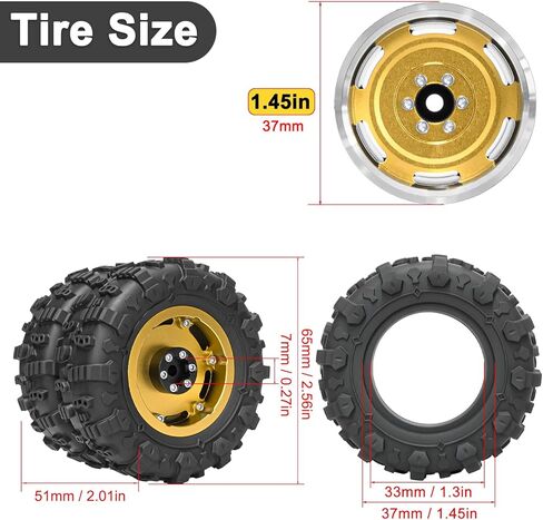 Aluminum 1.3" Beadlock Wheel and Tires Upgraded 1.45-inch Dual-Wheel Tires for 1/18 TRX4M Ascent-18 1/24 SCX24 FCX24 RC Crawler Car Upgrade (4PCS, Gold) in Saudi Arabia