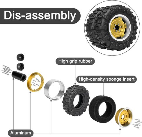Aluminum 1.3" Beadlock Wheel and Tires Upgraded 1.45-inch Dual-Wheel Tires for 1/18 TRX4M Ascent-18 1/24 SCX24 FCX24 RC Crawler Car Upgrade (4PCS, Gold) in Saudi Arabia