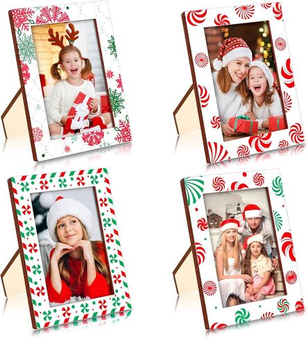 Christmas Picture Frames for 4x6 Inch Photos,4 Pack Hanging picture Ornaments for Christmas Tree，Wooden Photo Frame Christmas Ornaments,Wood Christmas Red and Green Stripe Photo Frames in Saudi Arabia