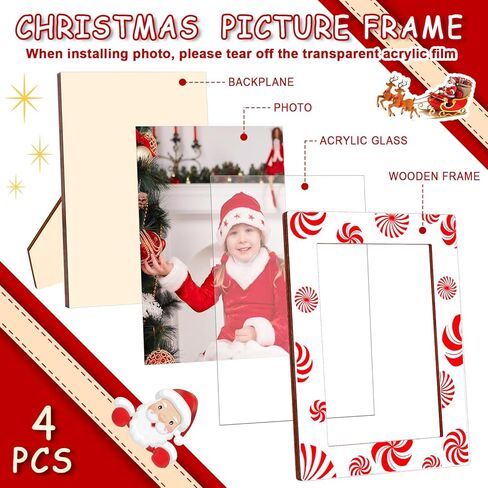 Christmas Picture Frames for 4x6 Inch Photos,4 Pack Hanging picture Ornaments for Christmas Tree，Wooden Photo Frame Christmas Ornaments,Wood Christmas Red and Green Stripe Photo Frames in Saudi Arabia