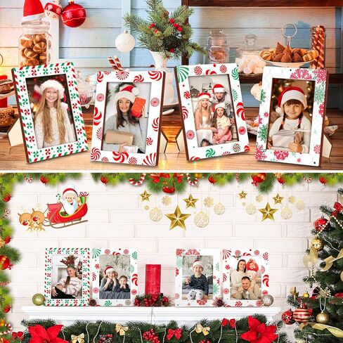 Christmas Picture Frames for 4x6 Inch Photos,4 Pack Hanging picture Ornaments for Christmas Tree，Wooden Photo Frame Christmas Ornaments,Wood Christmas Red and Green Stripe Photo Frames in Saudi Arabia