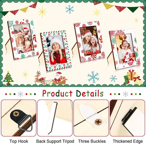 Christmas Picture Frames for 4x6 Inch Photos,4 Pack Hanging picture Ornaments for Christmas Tree，Wooden Photo Frame Christmas Ornaments,Wood Christmas Red and Green Stripe Photo Frames in Saudi Arabia