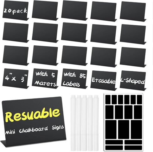 لافتات سبورة صغيرة لعرض الطعام، ملصقات طعام بوفيه قابلة لإعادة الاستخدام مقاس 4 × 3 بوصة، 20 عبوة مع 5 أقلام تحديد و85 ملصقًا للحفلات وتقديم الطعام وحفلات الزفاف (سبورة V-20 (PVC)) in Kuwait