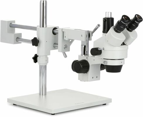 AmScope SM-4TZ-FRL-MB Digital Professional Trinocular Stereo Zoom Microscope, WH10x Eyepieces, 3.5X-90X Magnification, 0.7X-4.5X Zoom Objective, 8W Fluorescent Ring Light, Double-Arm Boom Stand, 110V-120V, Includes 0.5X and 2.0X Barlow Lenses and 1.3MP Ca in Saudi Arabia