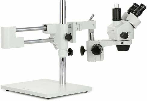 AmScope SM-4TZ-FRL-MB Digital Professional Trinocular Stereo Zoom Microscope, WH10x Eyepieces, 3.5X-90X Magnification, 0.7X-4.5X Zoom Objective, 8W Fluorescent Ring Light, Double-Arm Boom Stand, 110V-120V, Includes 0.5X and 2.0X Barlow Lenses and 1.3MP Ca in Saudi Arabia