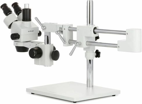 AmScope SM-4TZ-FRL-MB Digital Professional Trinocular Stereo Zoom Microscope, WH10x Eyepieces, 3.5X-90X Magnification, 0.7X-4.5X Zoom Objective, 8W Fluorescent Ring Light, Double-Arm Boom Stand, 110V-120V, Includes 0.5X and 2.0X Barlow Lenses and 1.3MP Ca in Saudi Arabia